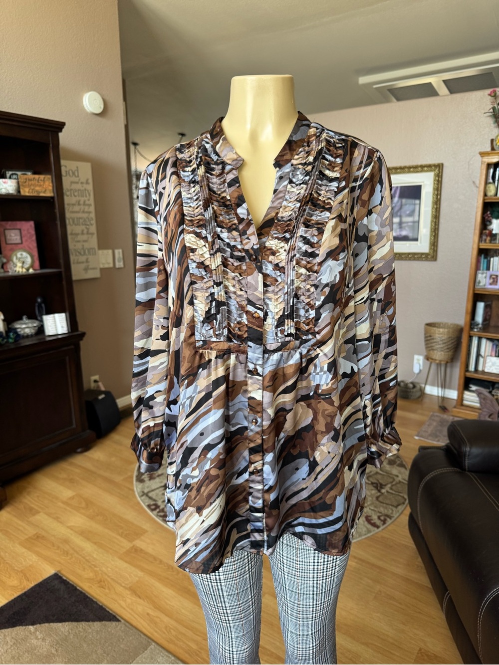 Marc Bouwer camouflage browns silky long sleeves blouse-size L
